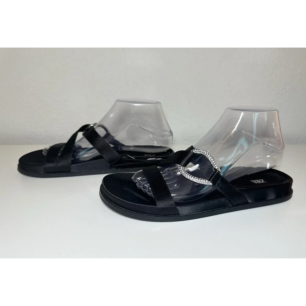 ZARA *NEW* Black‎ Satin Rhinestone Slides Slip On Flat Sandals Women EU 39 US 8 - Picture 3 of 8